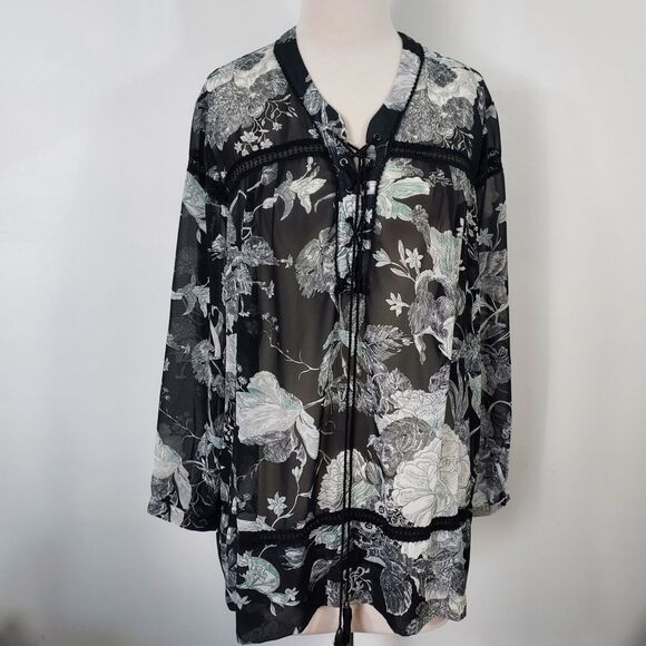 LaBellum Hillary Scott Tunic Top Womens Plus 1X Semi Sheer Lace Trim Black White - Picture 2 of 11